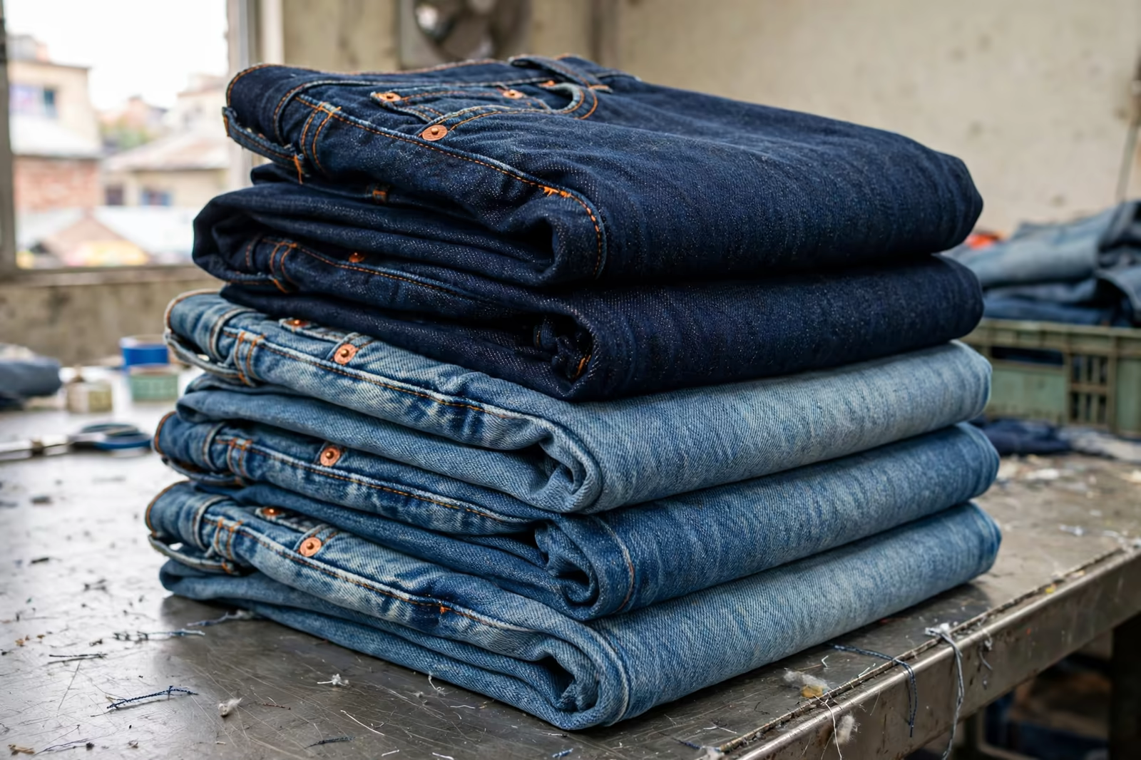 Folded stretch denim jeans ready for inspection