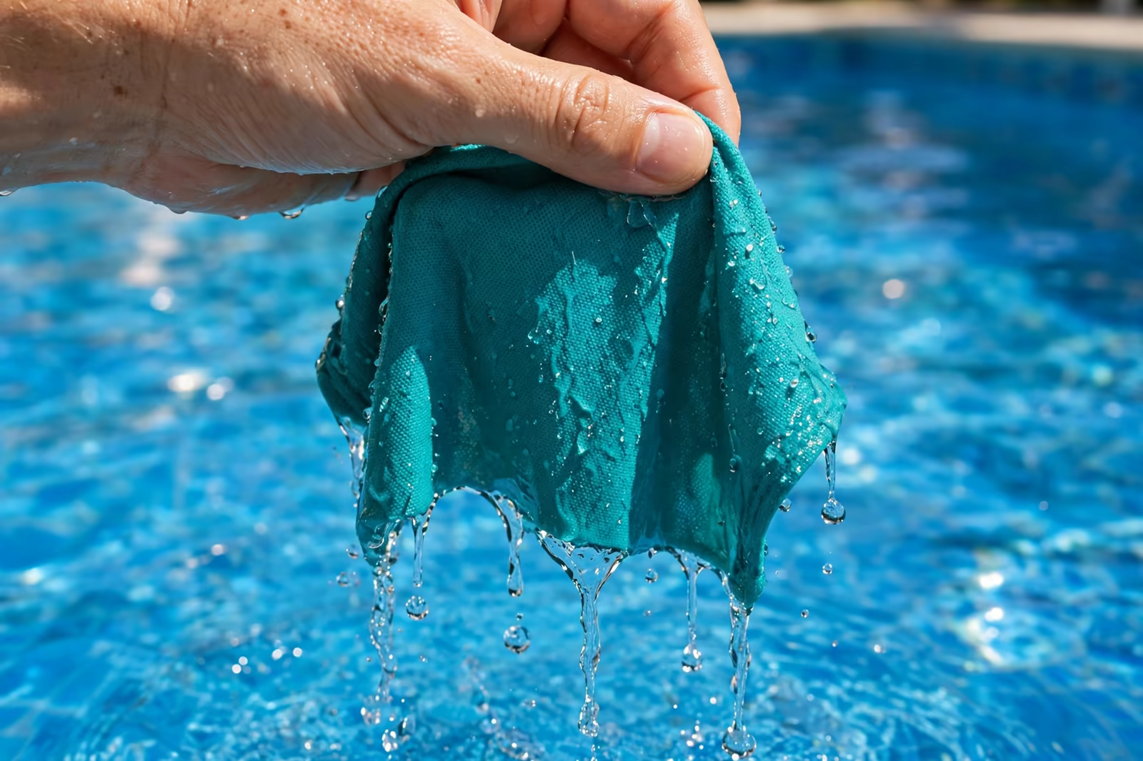 Swimwear fabric held above pool water