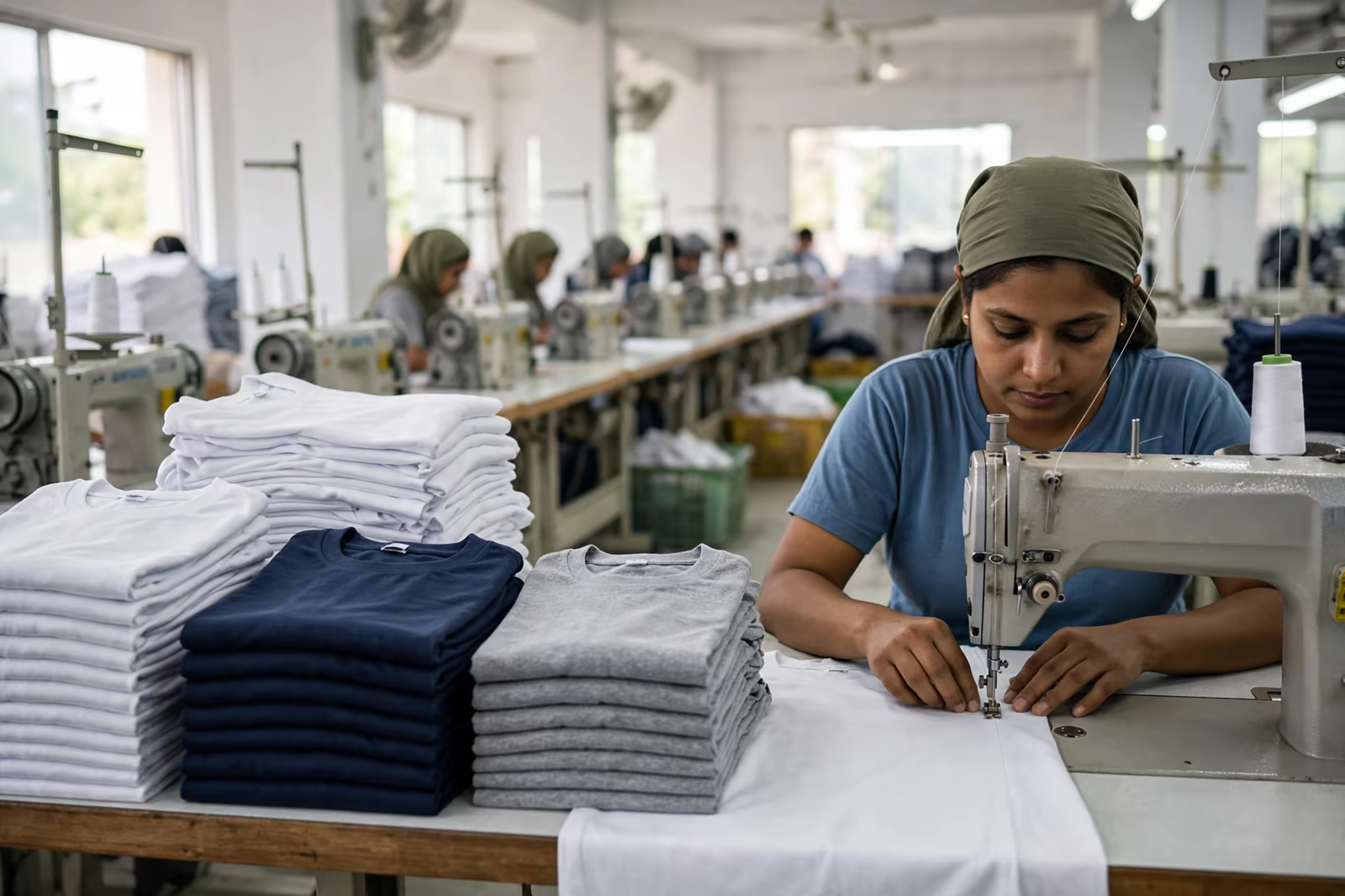 Cotton t-shirts in production beside a sewing line in Bangladesh