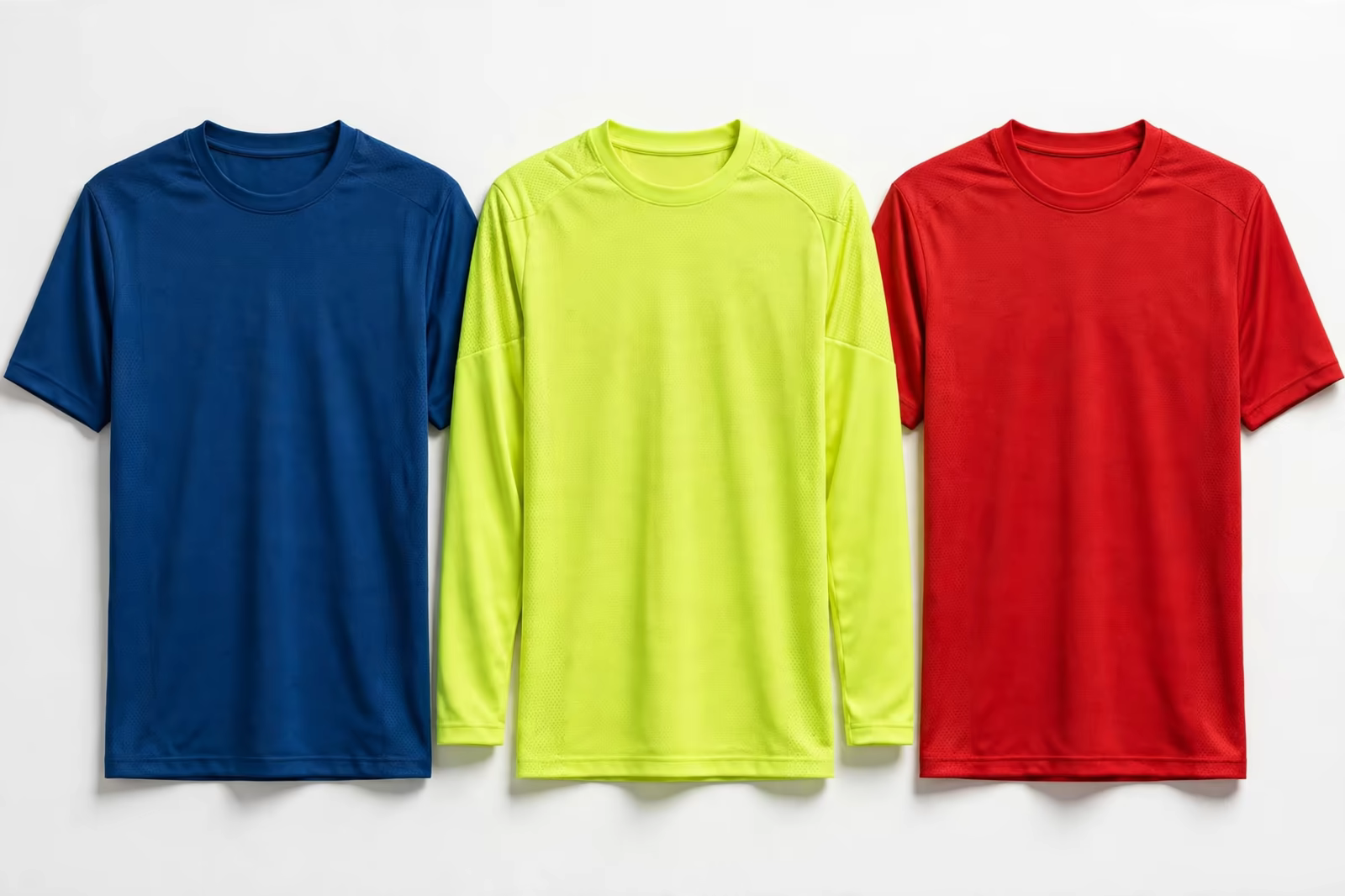 Team shirts in contrasting change colours with a bright long-sleeve goalkeeper shirt between them, produced by a clothing manufacturer in Bangladesh