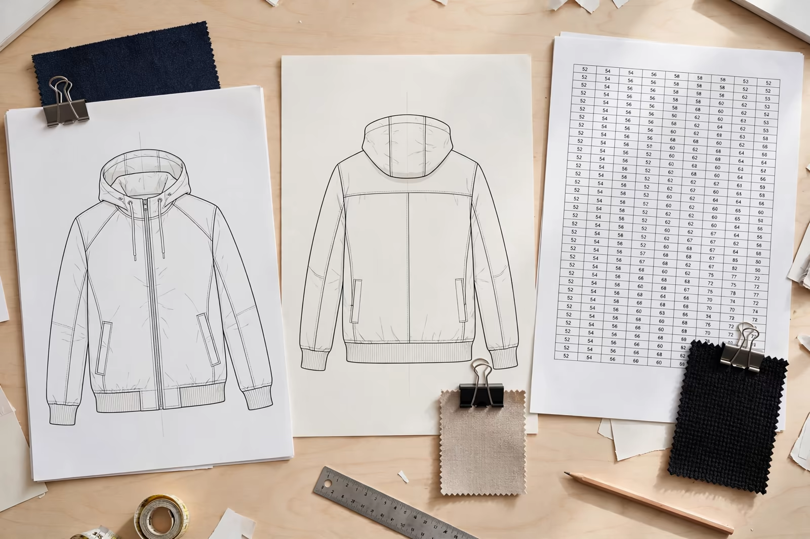 Tech pack pages with garment sketches and measurements in Bangladesh