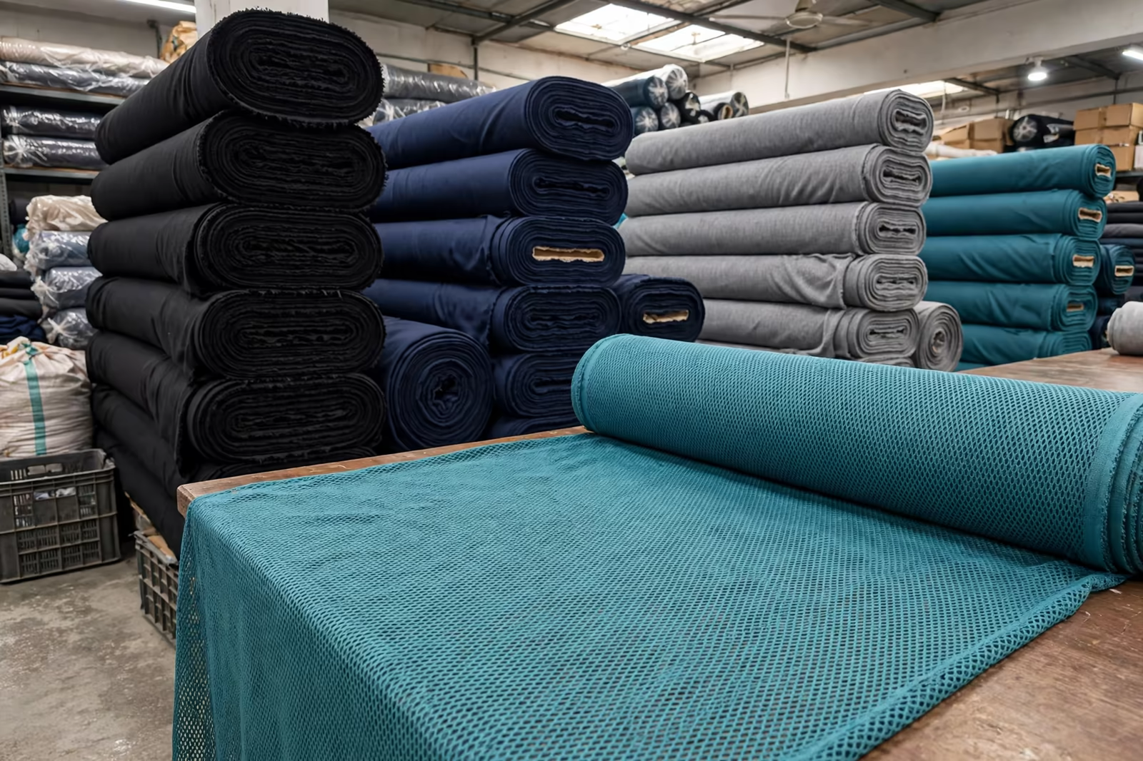 Rolls of technical knit and mesh fabric for activewear production