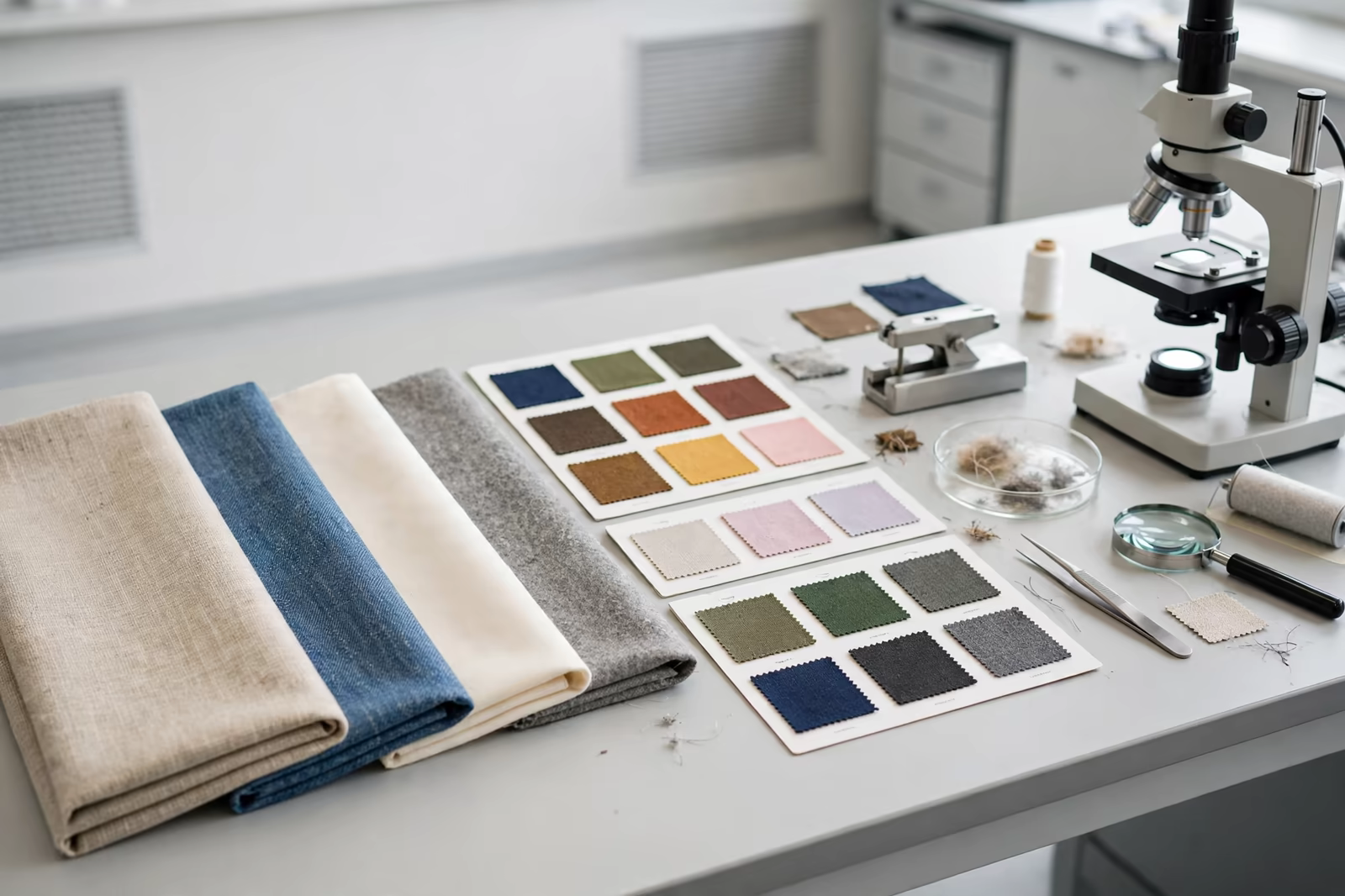A textile testing laboratory bench with fabric samples, swatch cards and a microscope, produced by a clothing manufacturer in Bangladesh