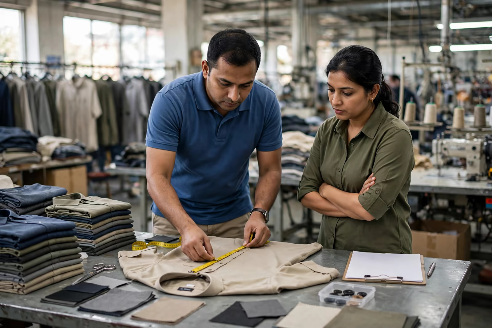 Independent inspector examining garments while the factory quality team observes in Bangladesh