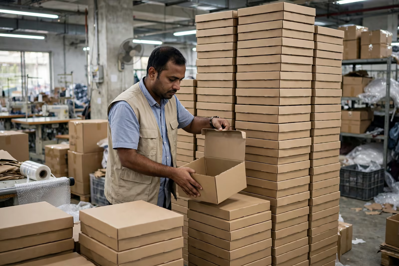 Third-party inspector selecting cartons at random for inspection in Bangladesh