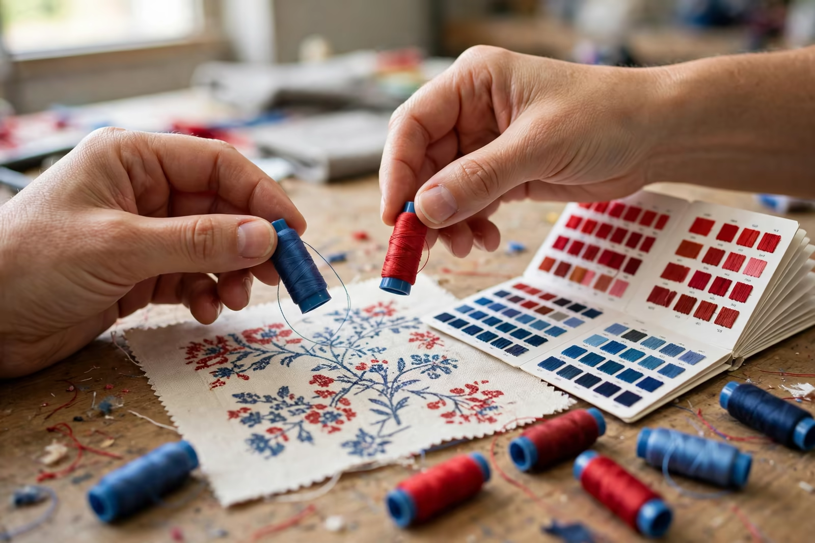 Matching embroidery thread colours against a shade card in Bangladesh