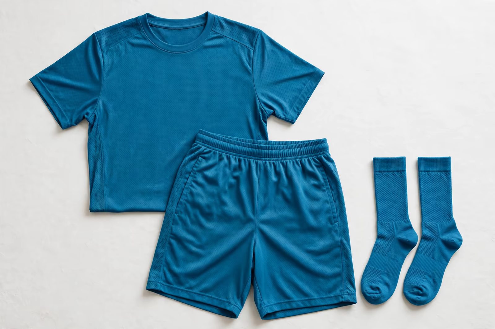 A tournament team kit with performance shirt, shorts and socks laid out flat in one team colour, produced by a clothing manufacturer in Bangladesh