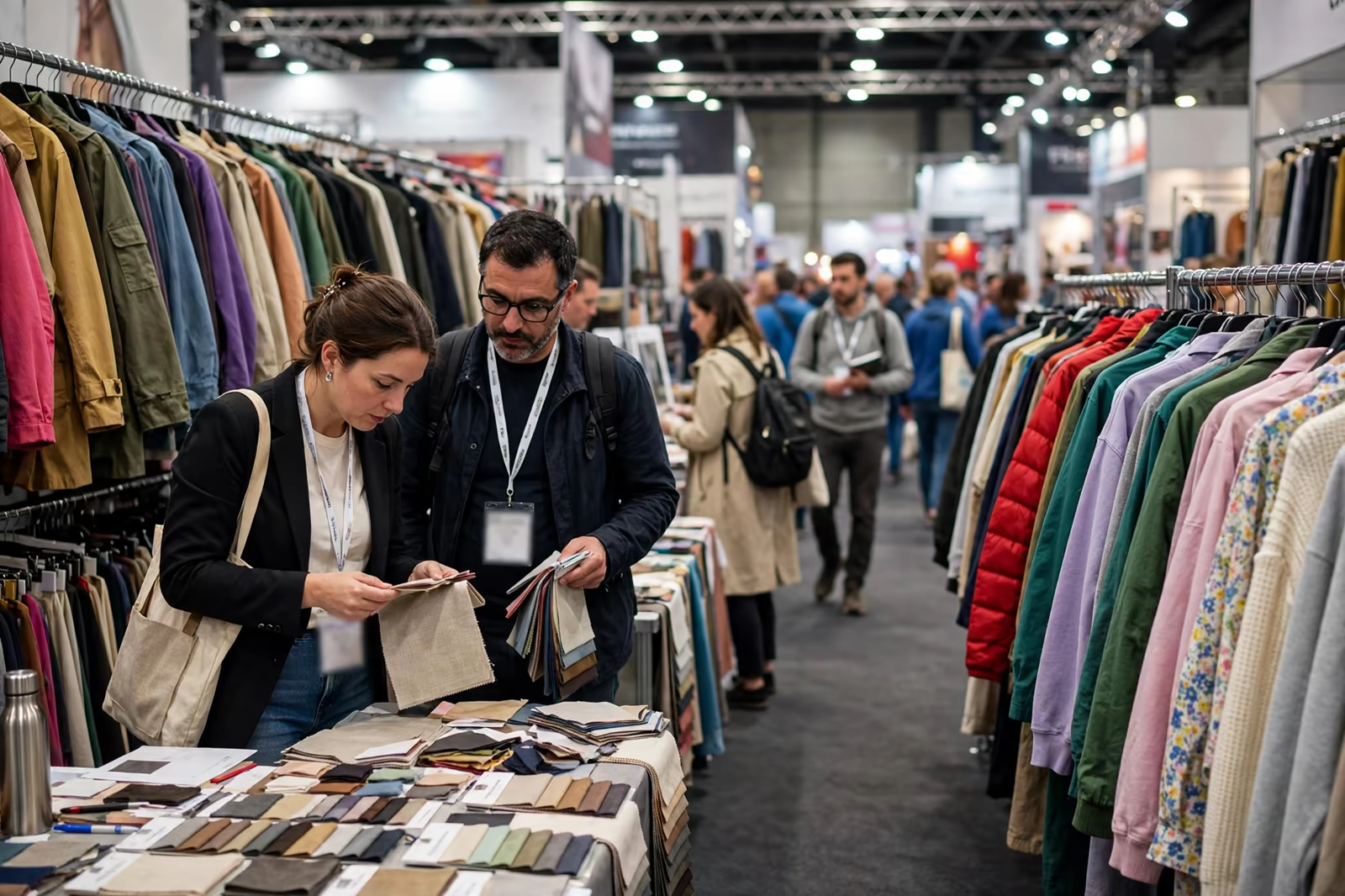 Buyers walking garment rails at an apparel trade show