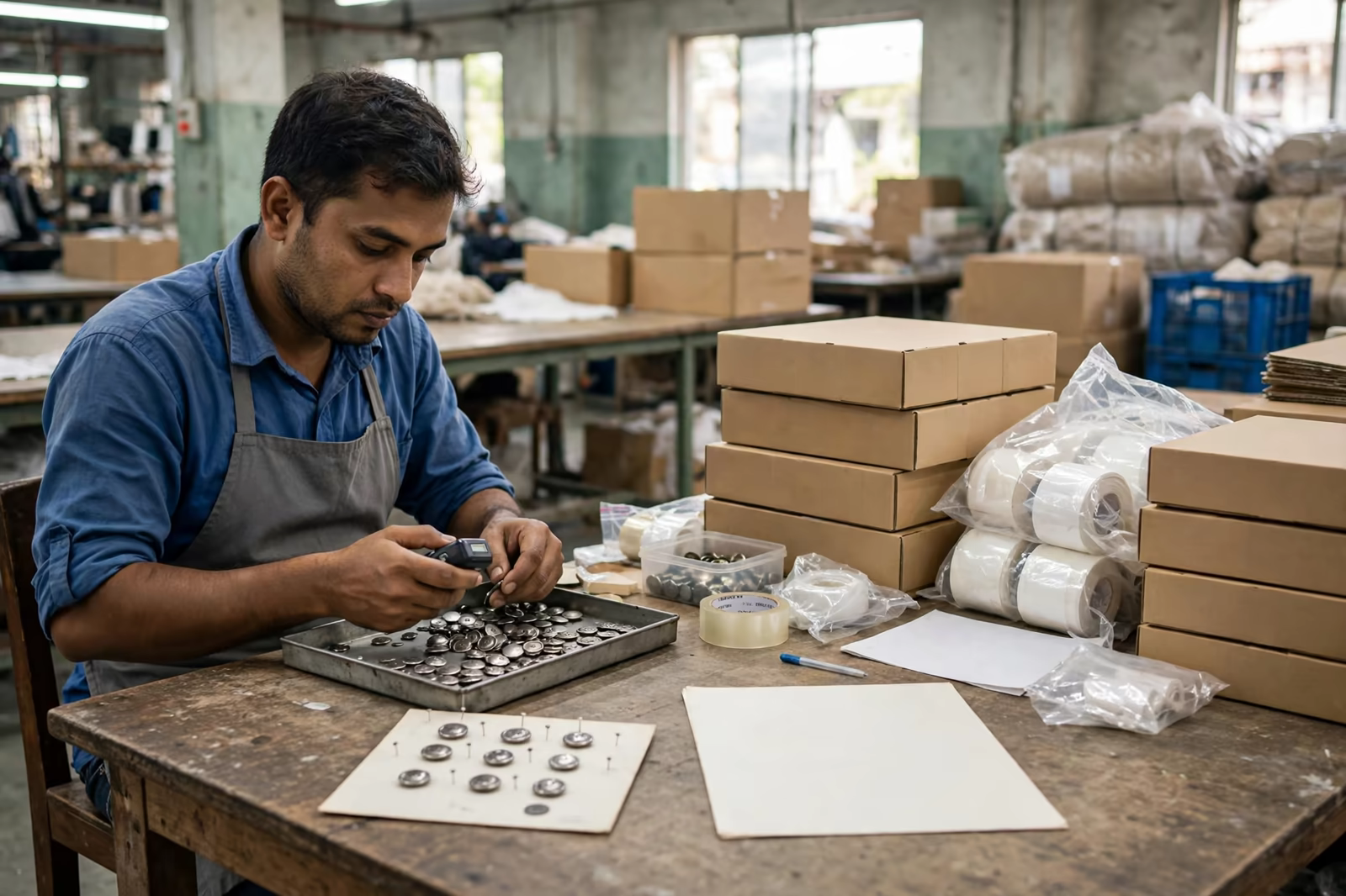 Trims being counted and checked against the specification at goods inwards in Bangladesh