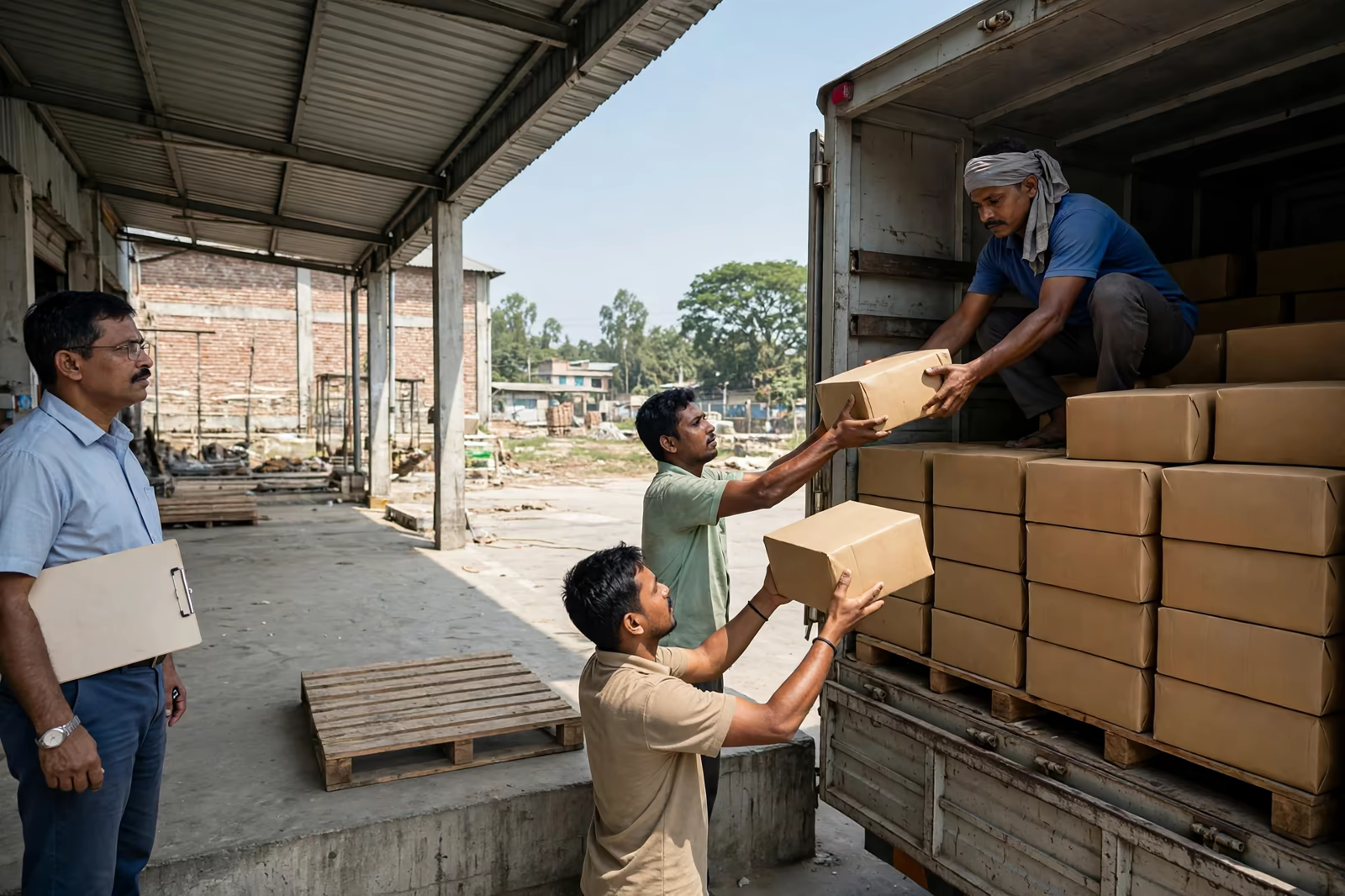 Garment cartons being loaded onto a truck at the factory
