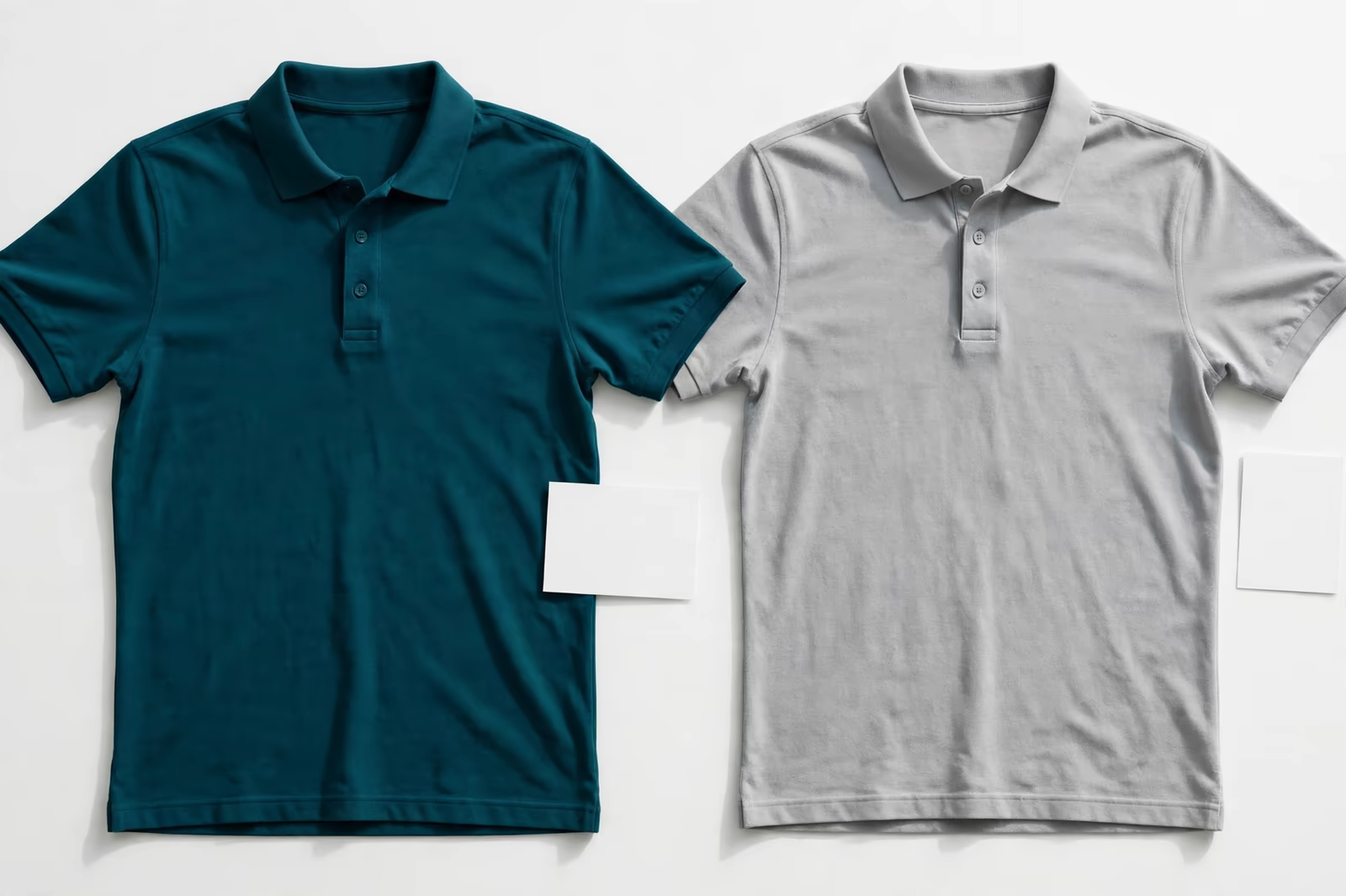 Two polo shirts in teal and grey laid flat side by side with blank cards for a quote comparison, produced by a clothing manufacturer in Bangladesh
