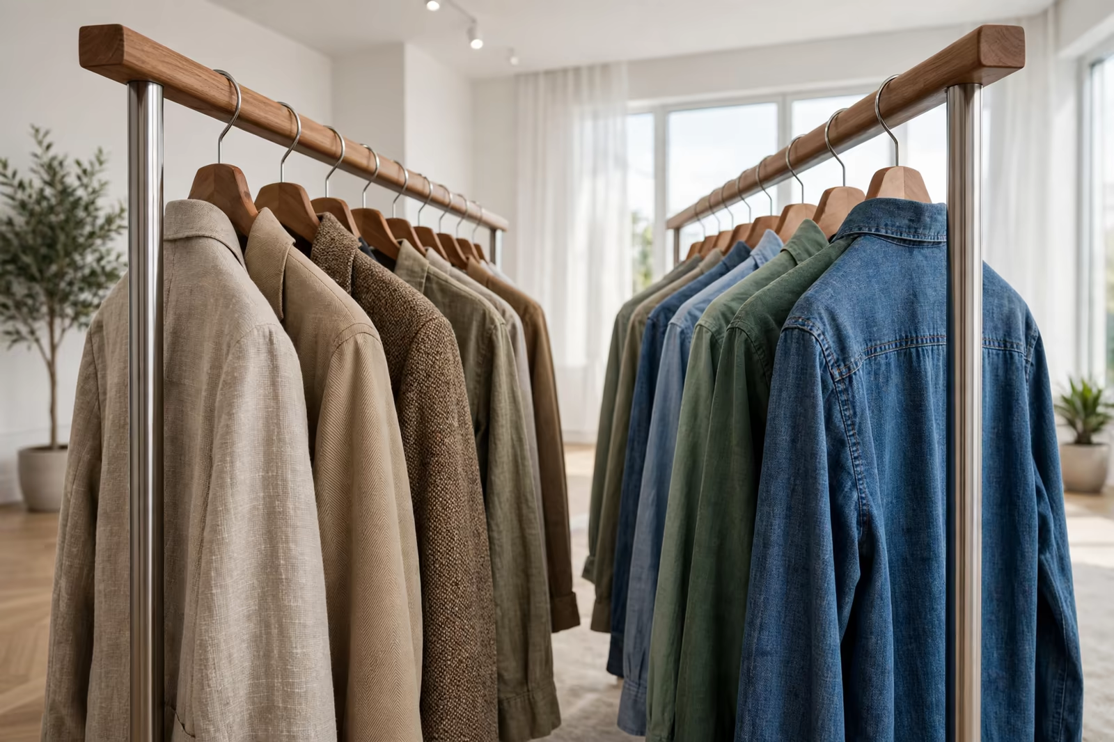Two garment sample rails side by side in a bright showroom with different ranges, produced by a clothing manufacturer in Bangladesh