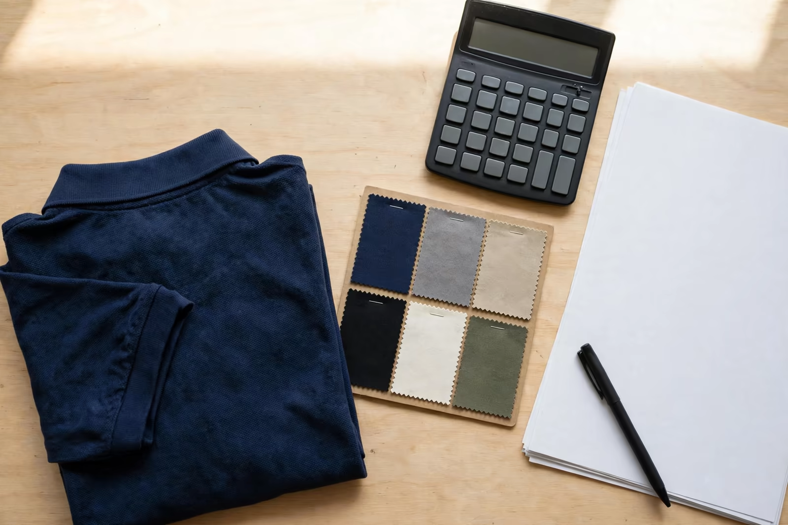 A uniform budget planning desk with a folded polo shirt, fabric swatches, calculator and blank papers, produced by a clothing manufacturer in Bangladesh