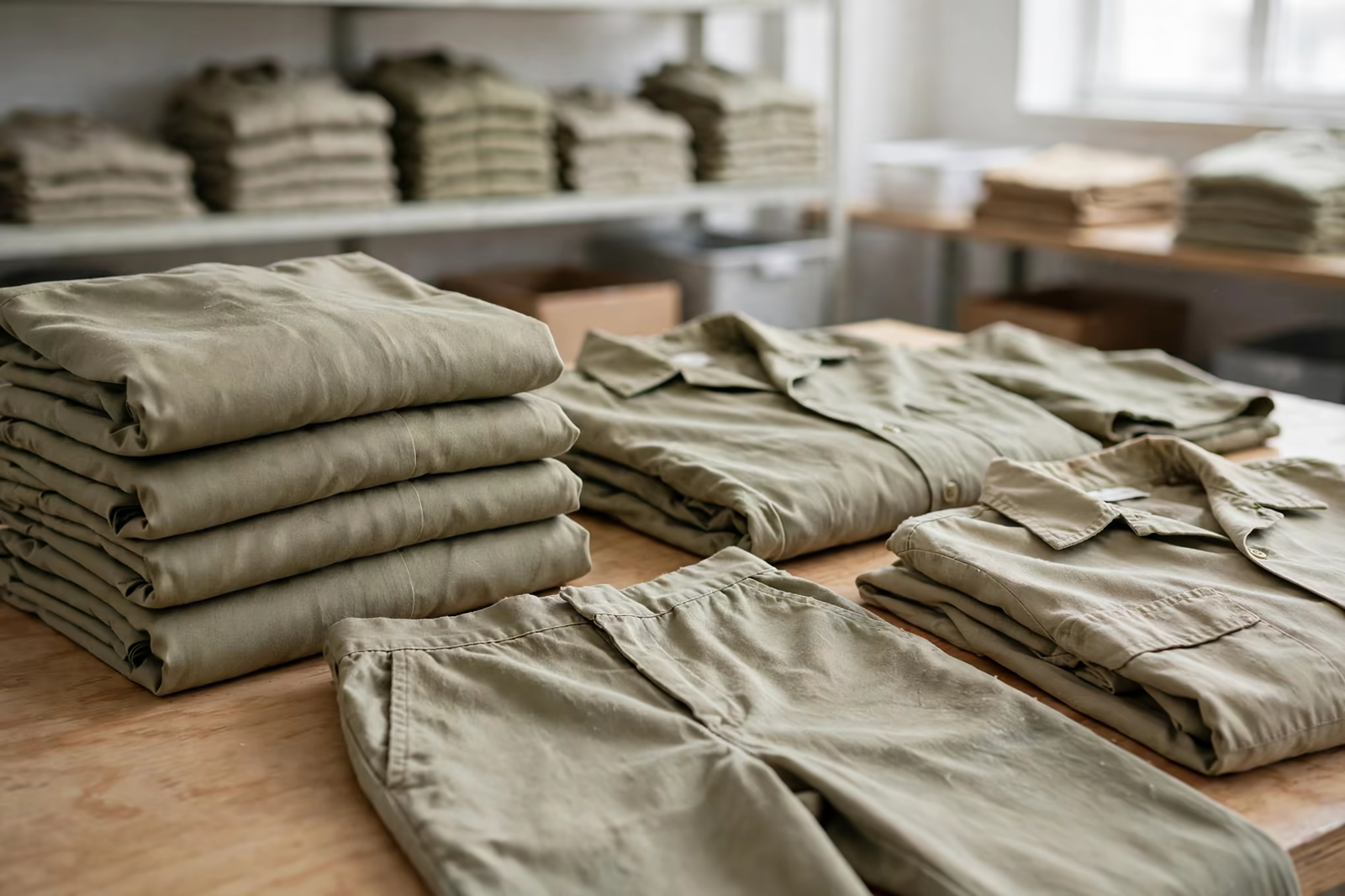 Folded uniform garments sorted by condition on a stockroom table with shelves behind, produced by a clothing manufacturer in Bangladesh