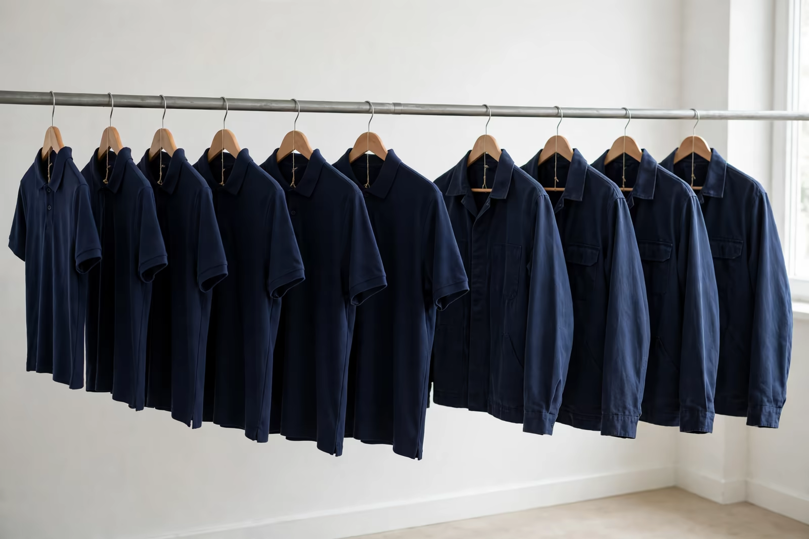 A uniform fit kit rail holding polo shirts and work jackets in graduated sizes, produced by a clothing manufacturer in Bangladesh
