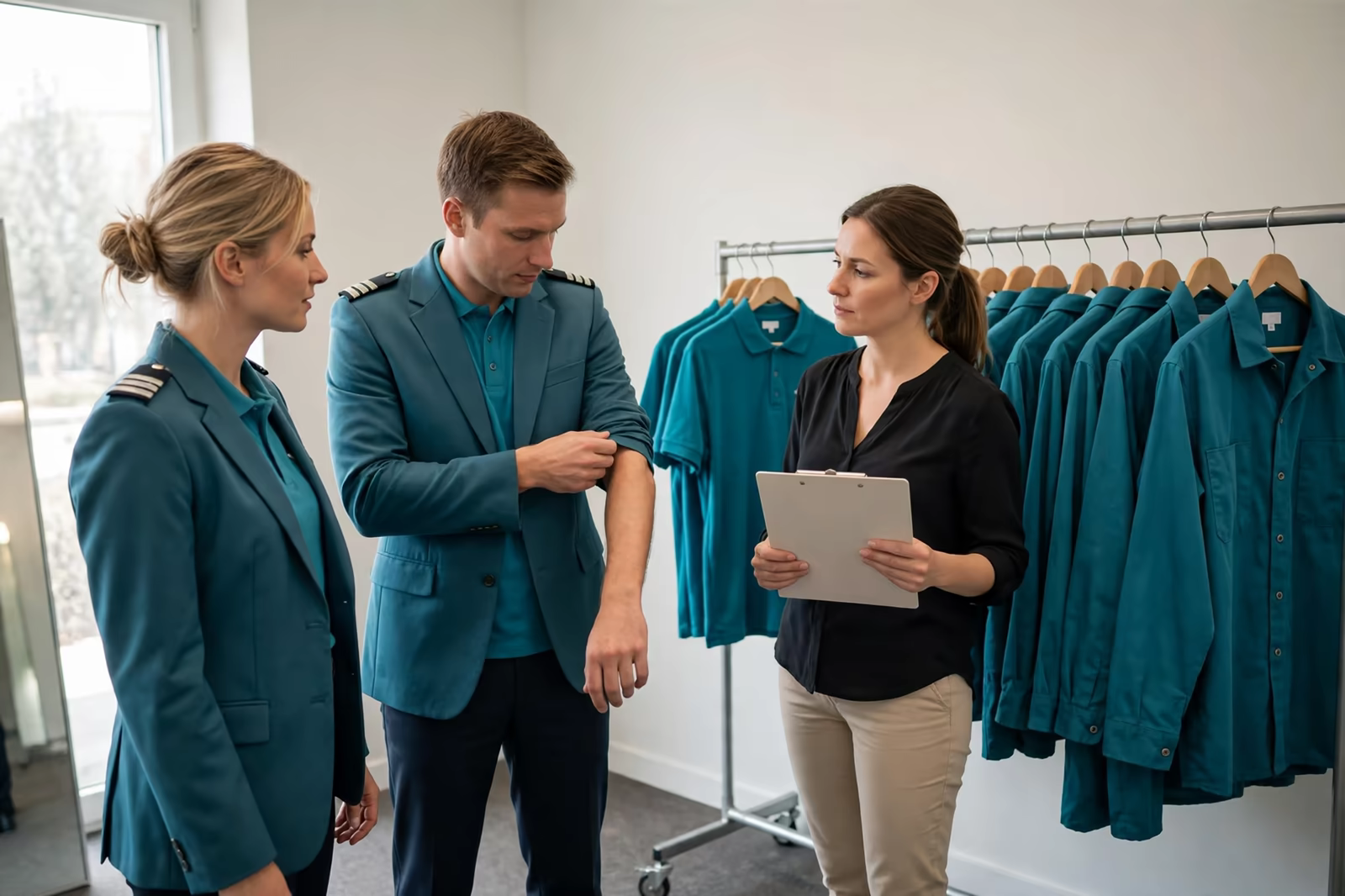 Staff trying pilot corporate uniforms at a fitting session arranged by a clothing manufacturer in Bangladesh