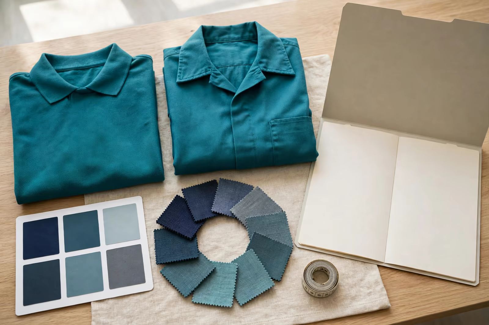 A corporate uniform programme pack with fabric swatches and garment samples on a desk at a clothing manufacturer in Bangladesh
