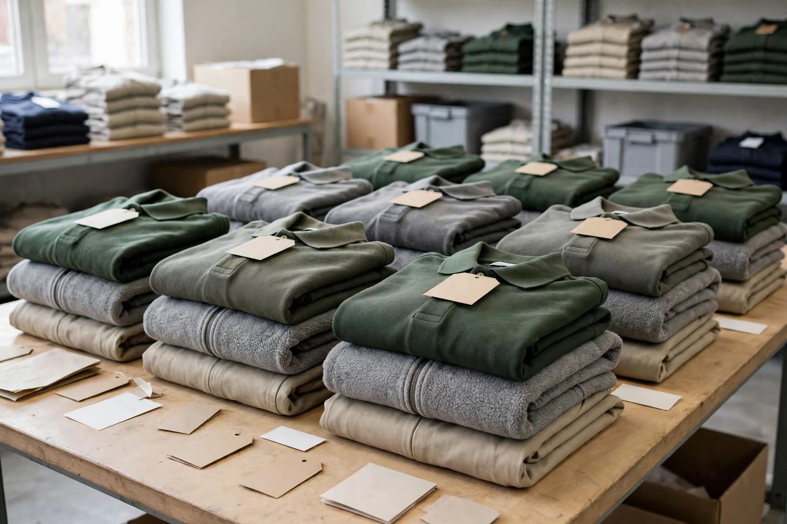 Individual uniform packs stacked on a packing table, each with polo, fleece and trousers, produced by a clothing manufacturer in Bangladesh