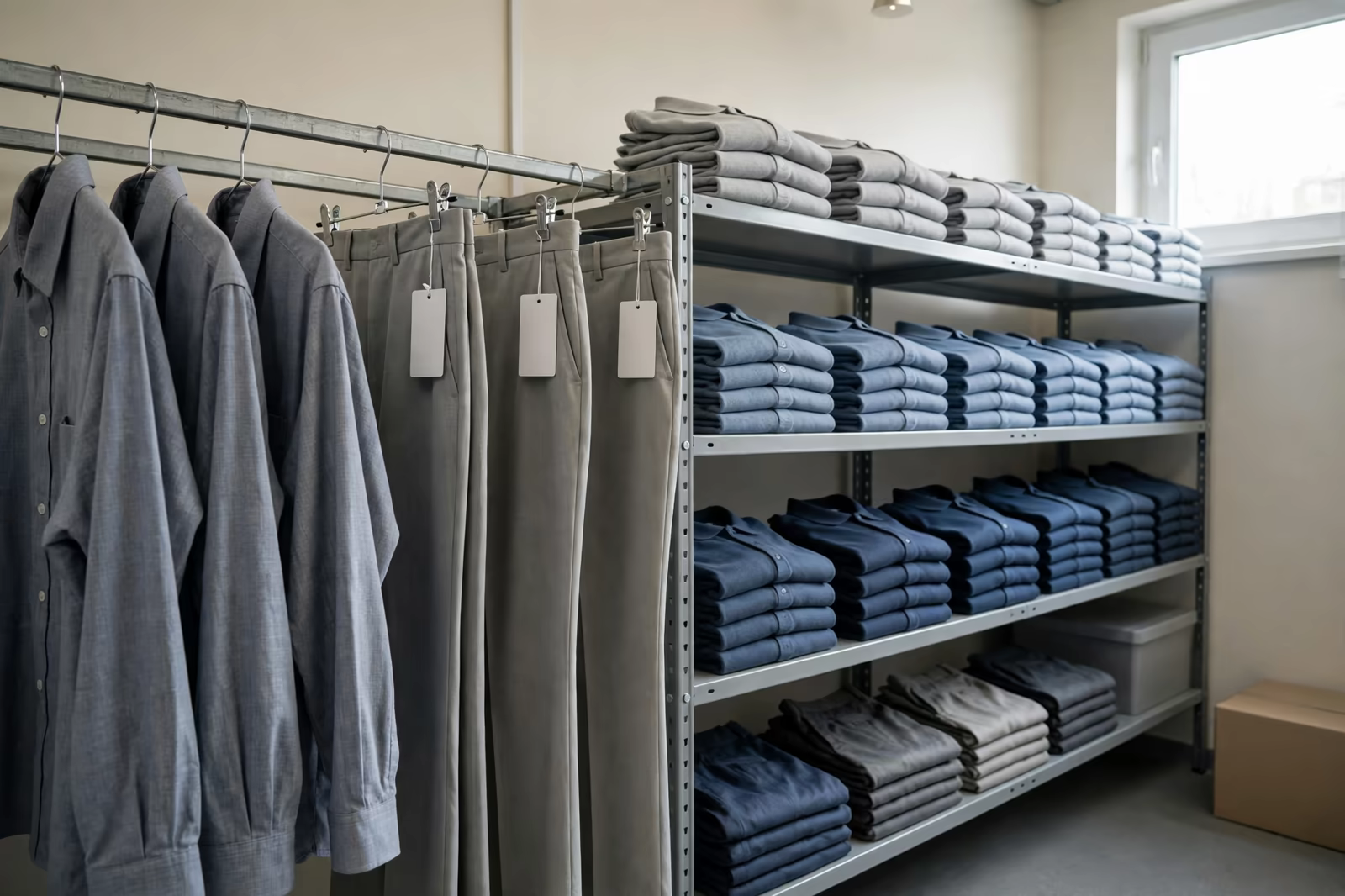 A uniform spares rail and shelves holding replacement shirts, trousers and folded garments, produced by a clothing manufacturer in Bangladesh