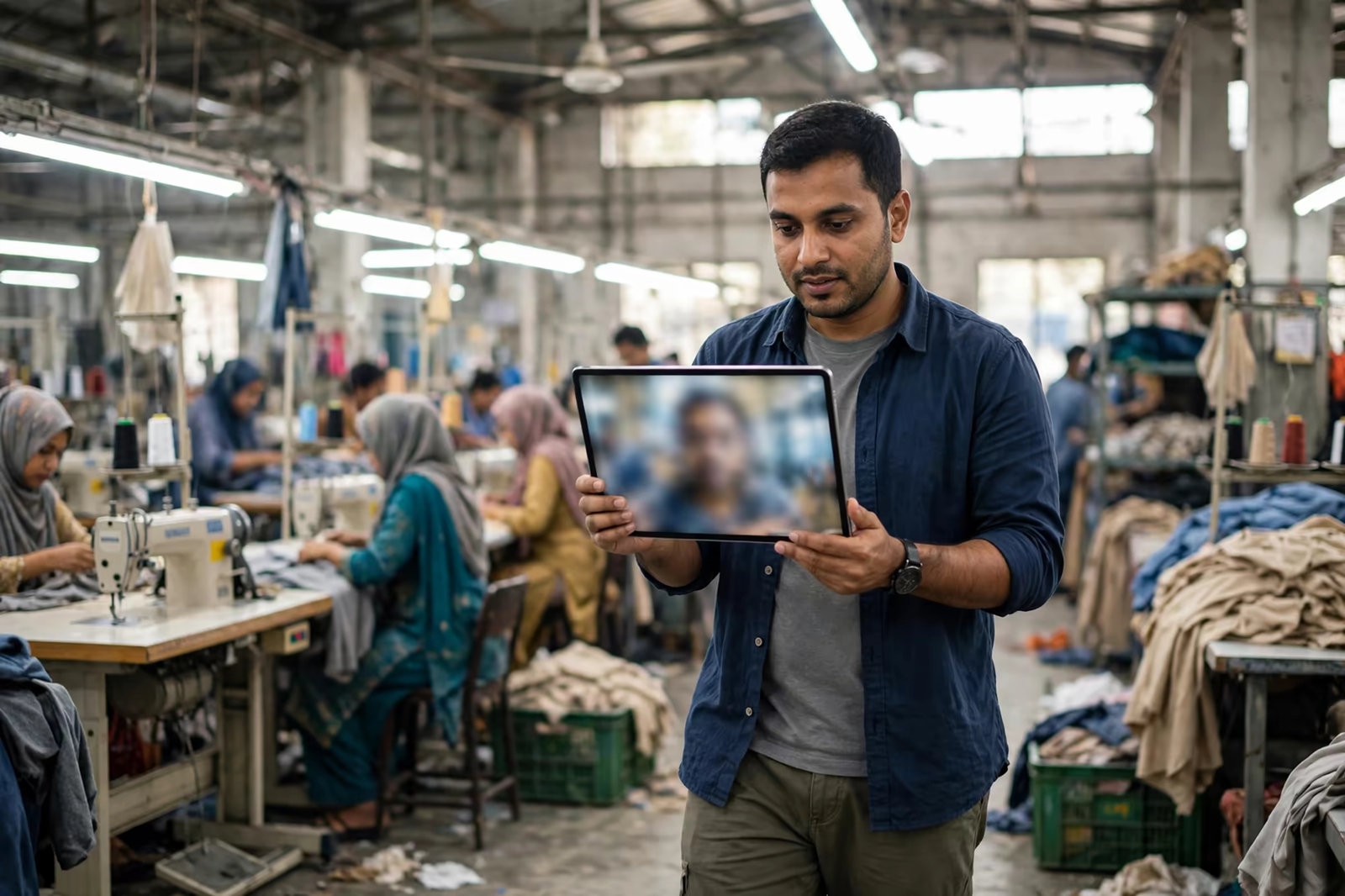 A factory video call with an overseas buyer