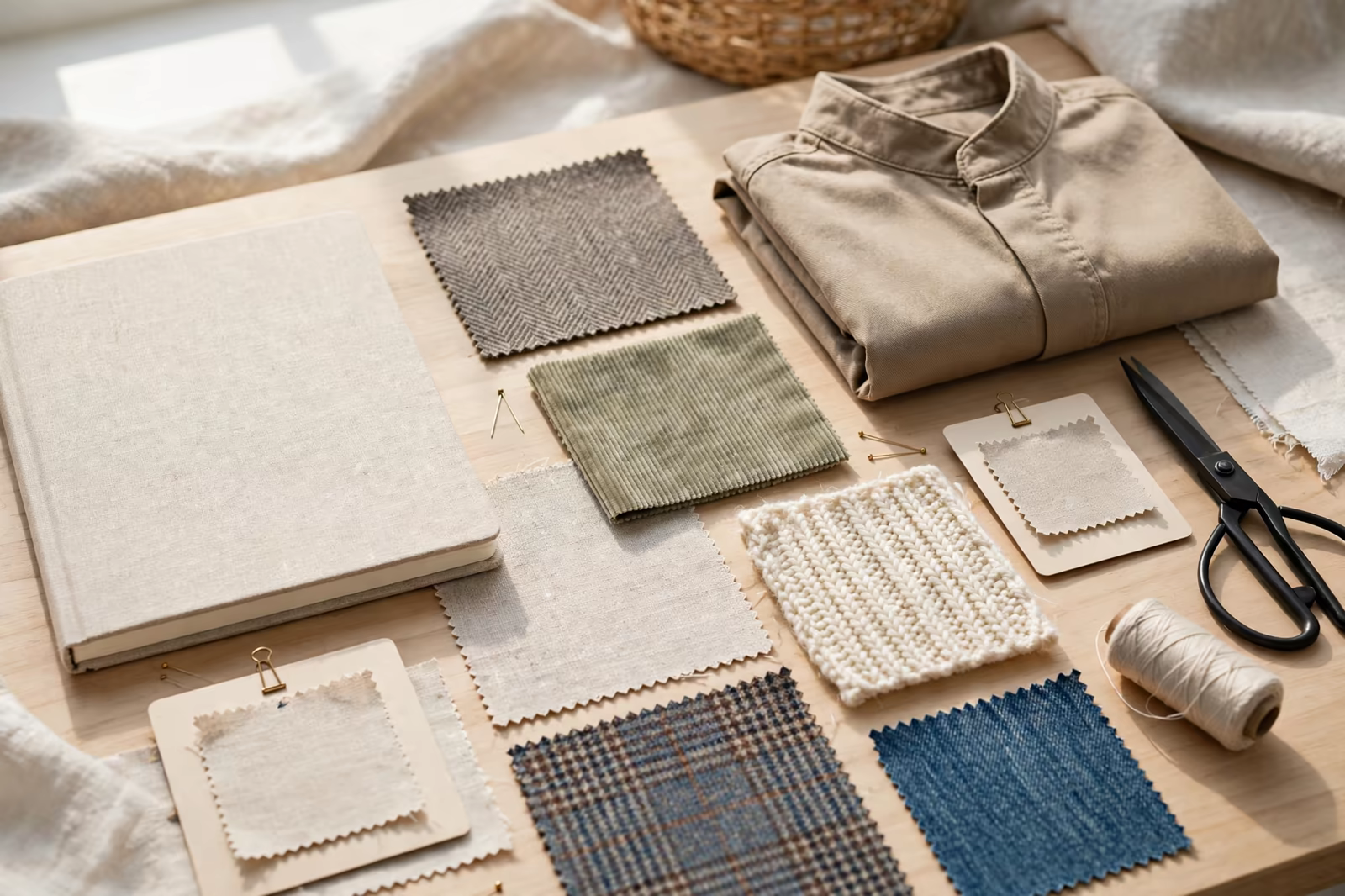 A blank notebook with garment samples and fabric swatches on a desk for writing up visit notes, produced by a clothing manufacturer in Bangladesh
