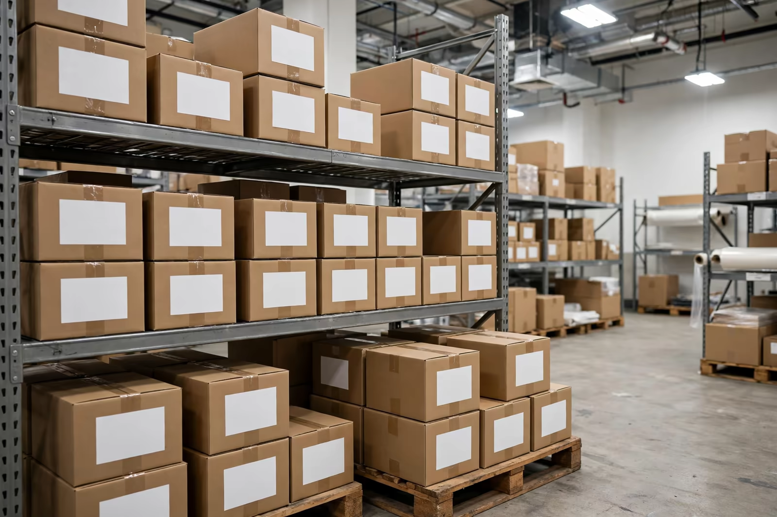 Sealed cartons with blank labels on warehouse shelving during stock intake, produced by a clothing manufacturer in Bangladesh