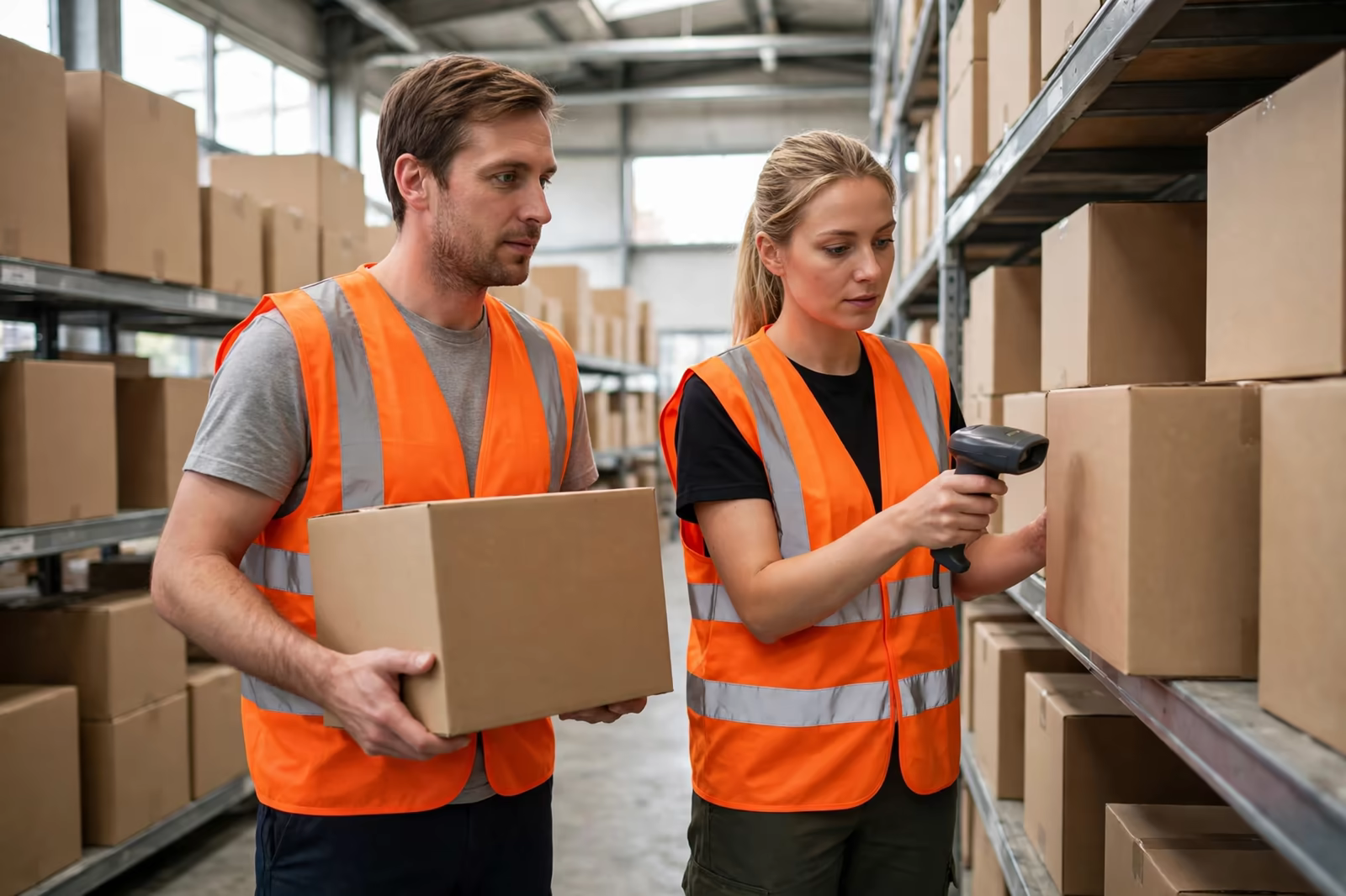 Warehouse crew members in orange high-visibility vests scanning parcels in a depot aisle, produced by a clothing manufacturer in Bangladesh