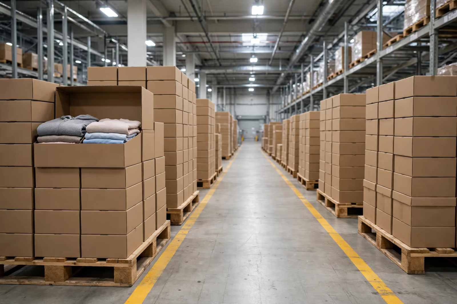Palletised cartons of garments in a bright warehouse aisle, one open showing folded clothing, produced by a clothing manufacturer in Bangladesh