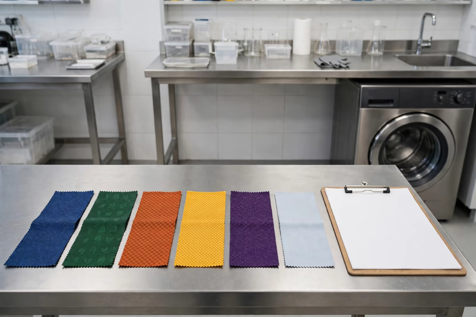 Wash test fabric samples compared in a lab in Bangladesh