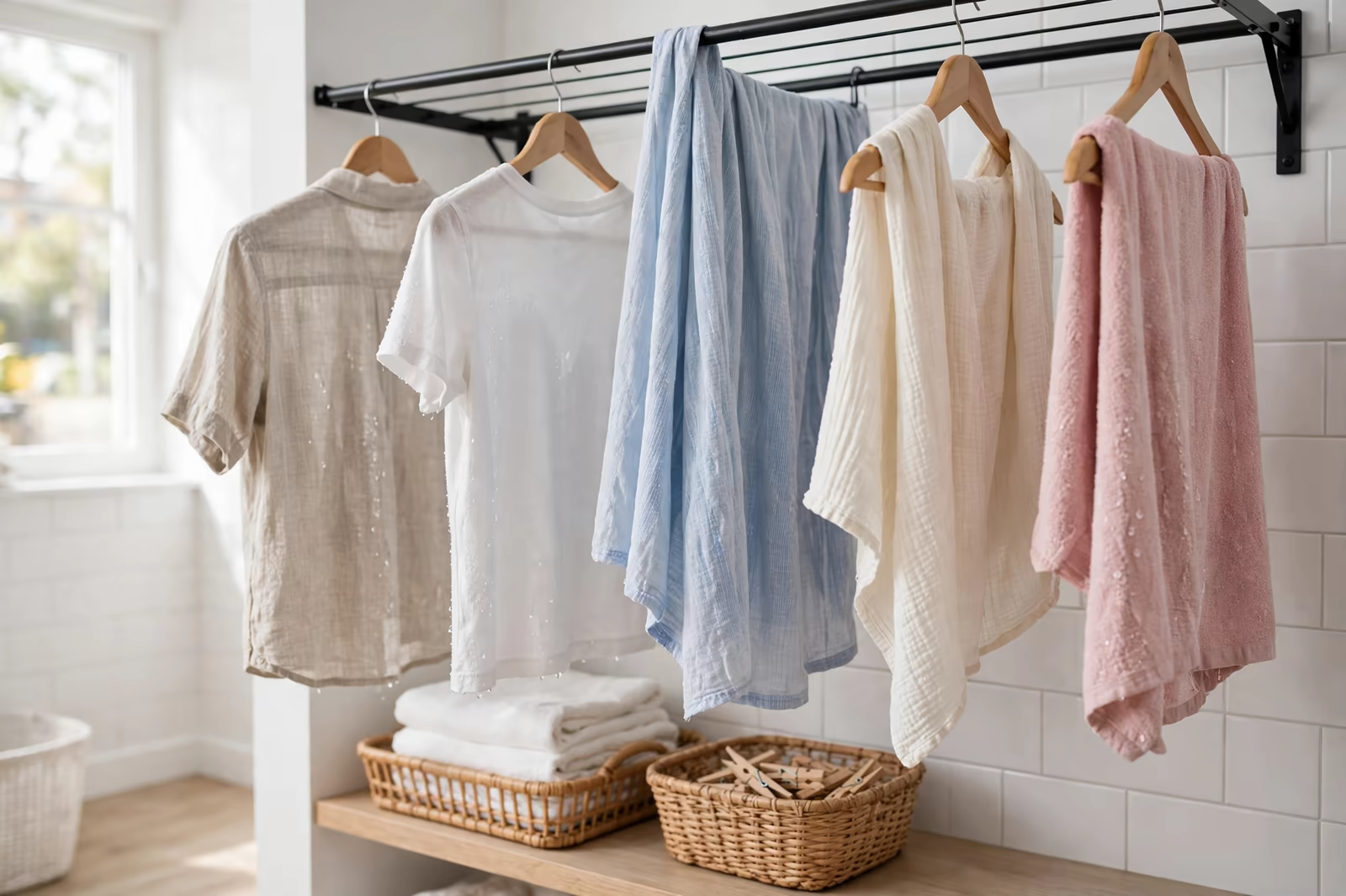 Freshly washed sample garments hanging to dry on a rail after a wash test, produced by a clothing manufacturer in Bangladesh