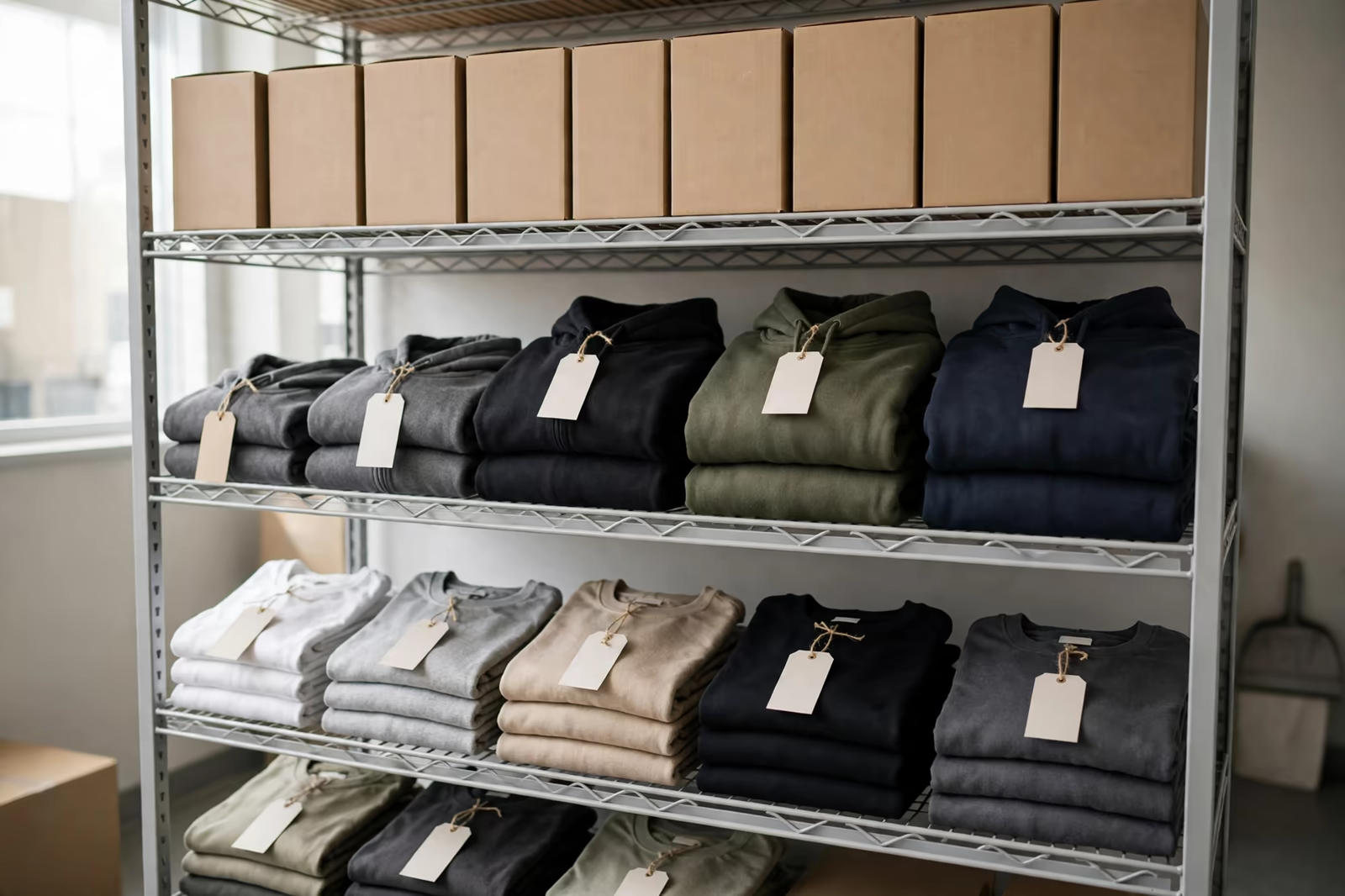 A welcome kit stock shelf with plain boxes and folded hoodies and t-shirts in size order, produced by a clothing manufacturer in Bangladesh