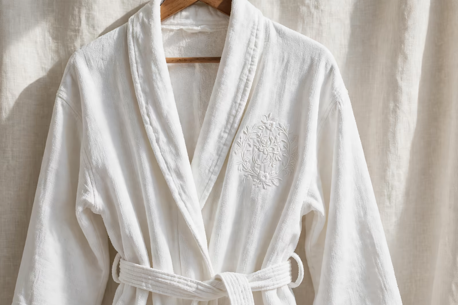 White on white embroidery on a spa robe in Bangladesh