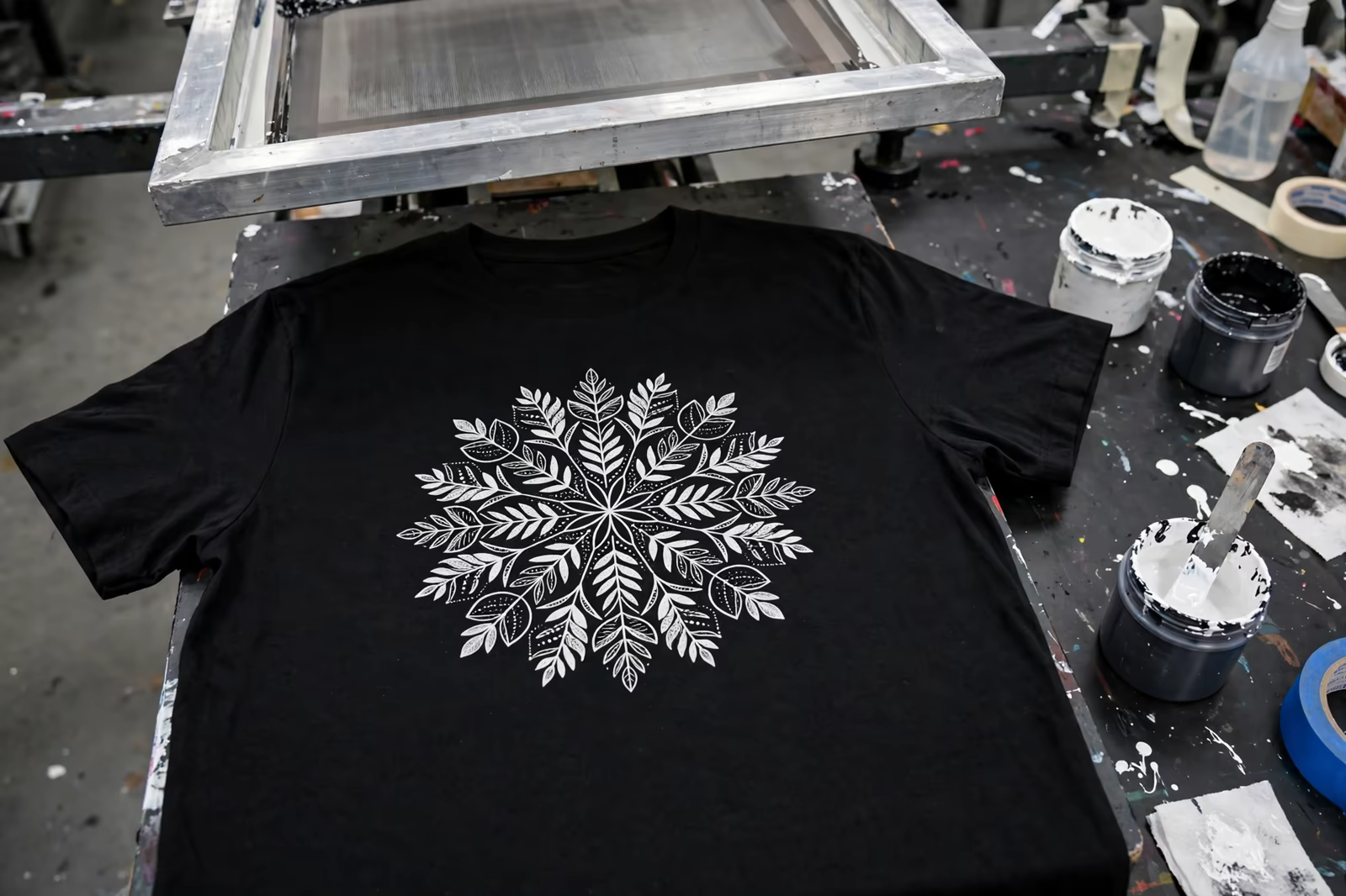 White underbase print on a black t-shirt from a manufacturer in Bangladesh
