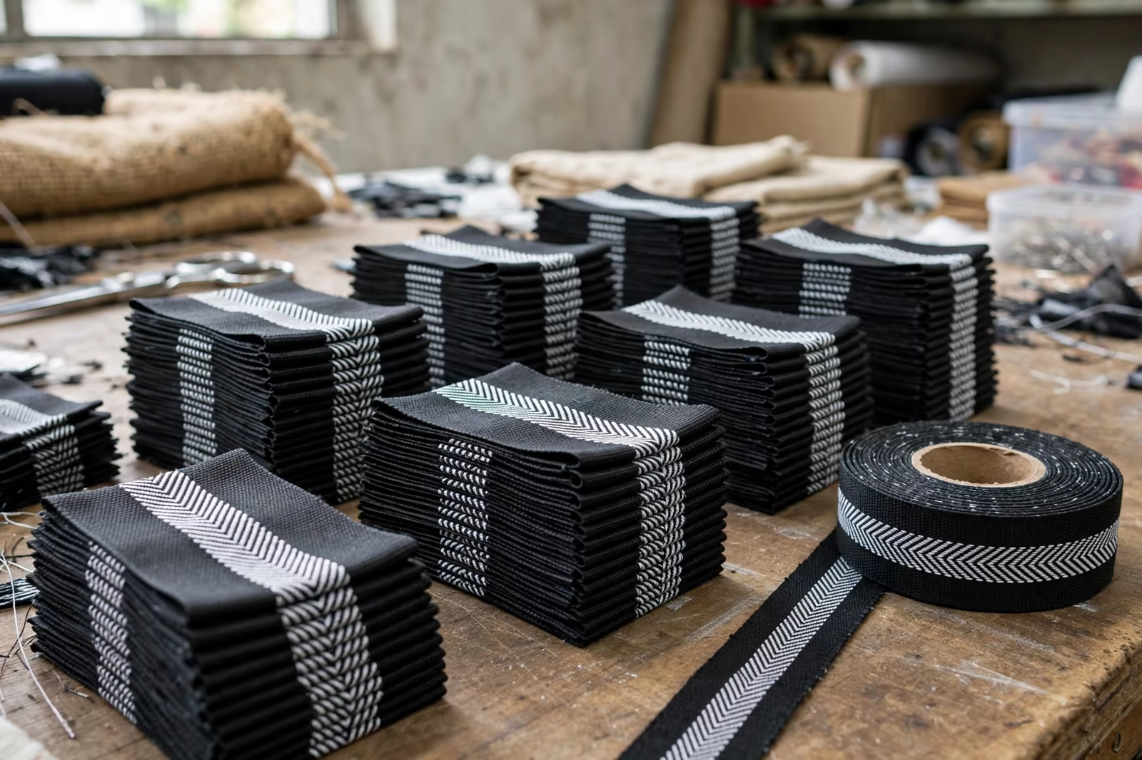 Cut woven brand labels stacked beside an uncut label roll in Bangladesh