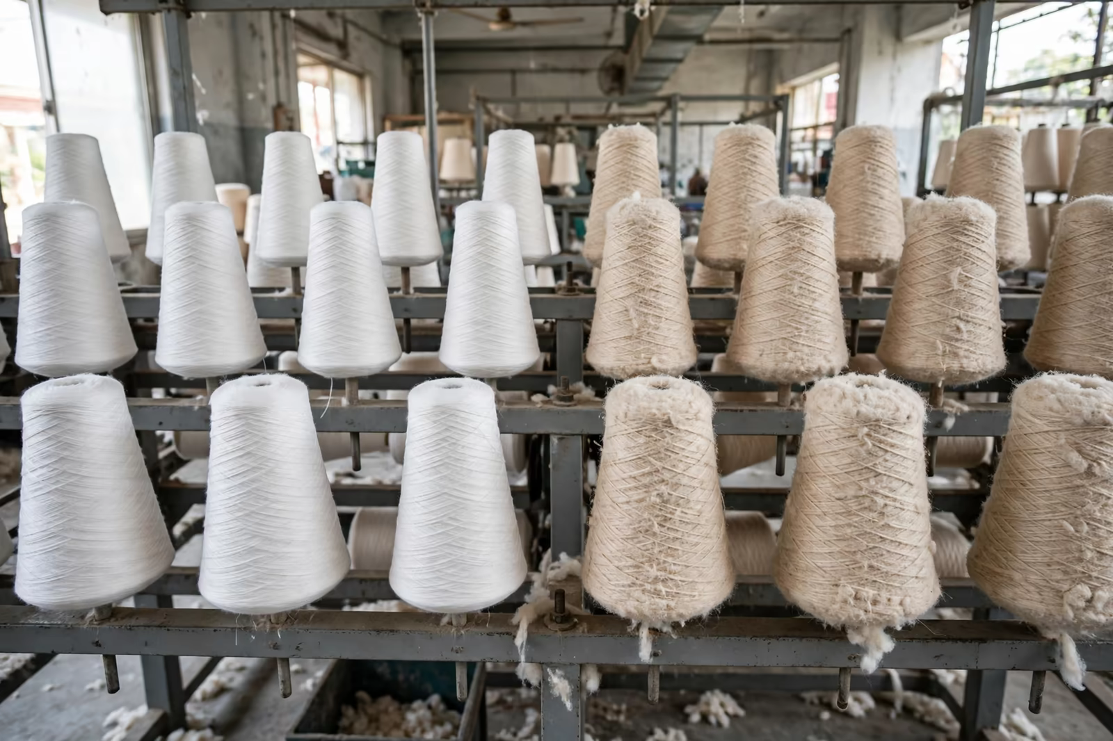 Fine and coarse cotton yarn cones on a creel