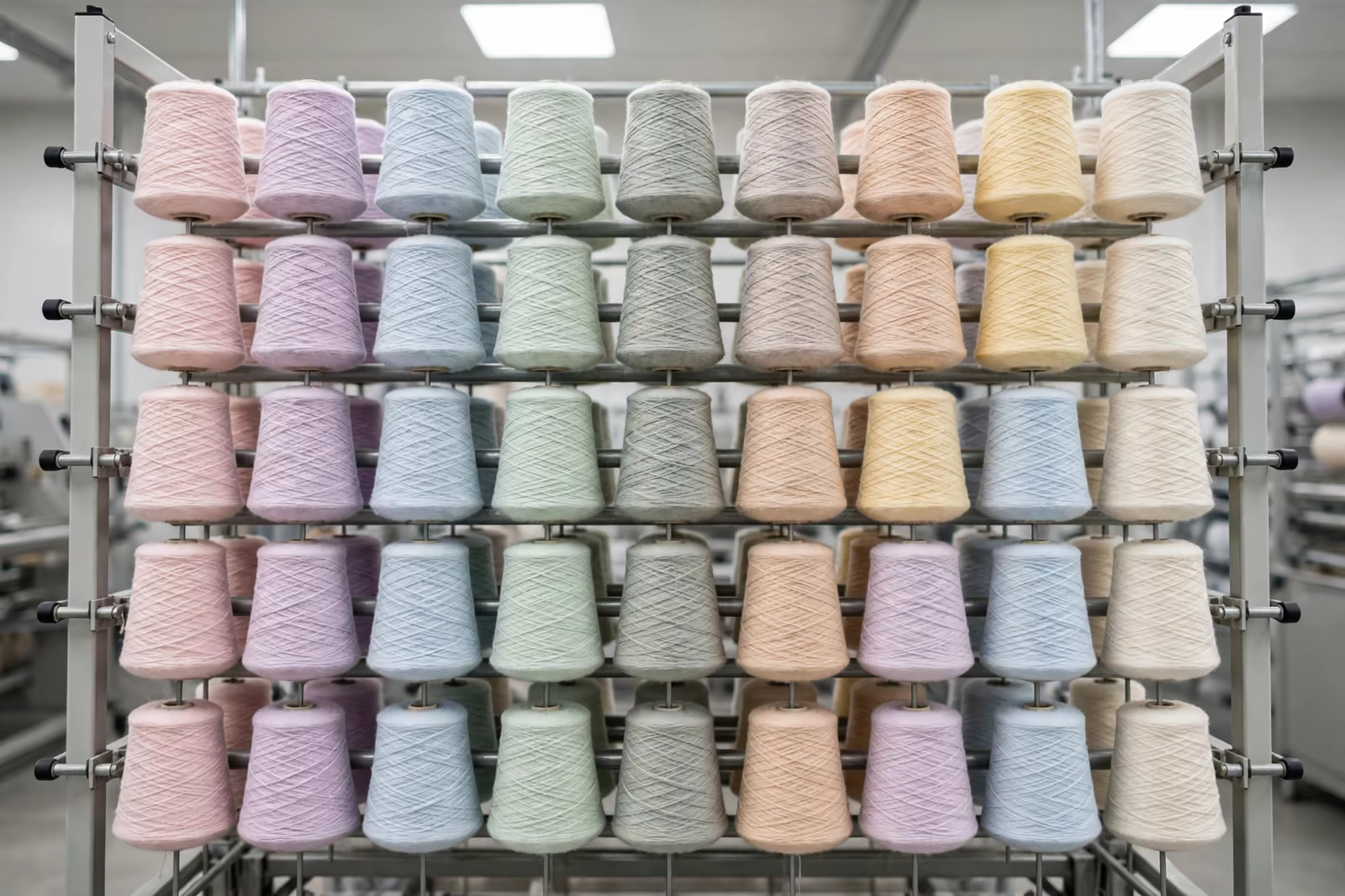 Rows of pastel yarn cones on a mill creel, produced by a clothing manufacturer in Bangladesh