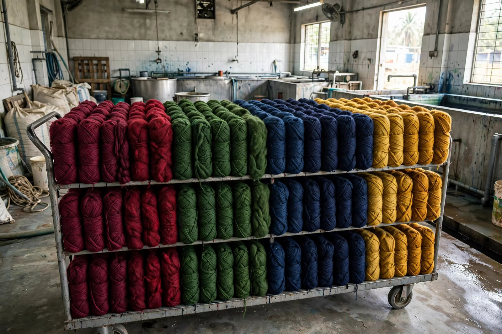 Coloured yarn packages after yarn dyeing at a dye house