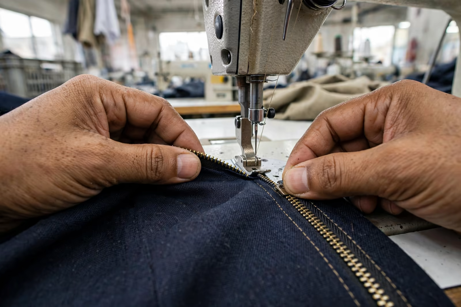 Close view of a zip being inserted and stitched during garment production in Bangladesh