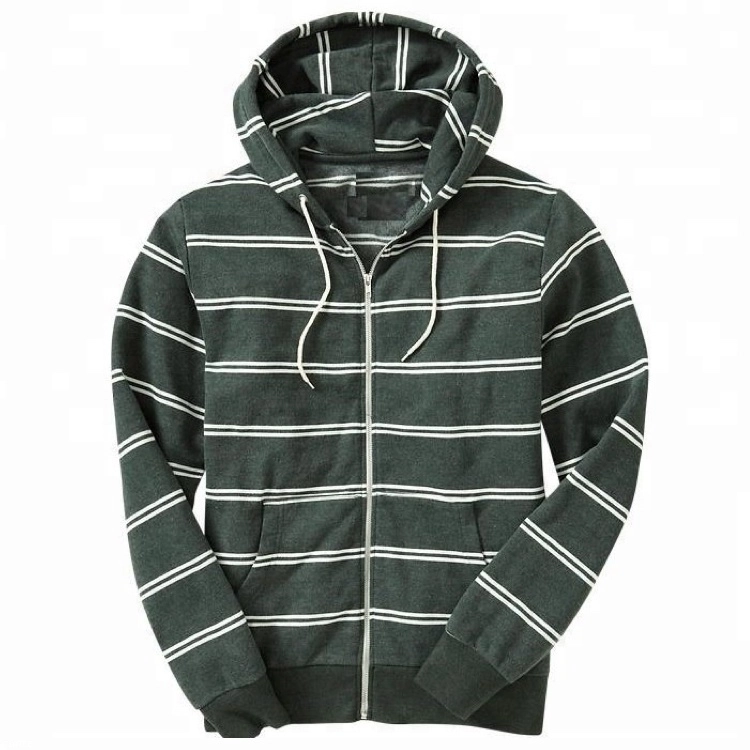 MEN'S GREEN WHITE STRIPED ZIPPER UP HOODIE WITH POCKETS